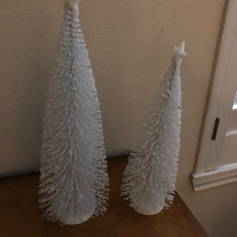 Two white Christmas Trees bottle brush home decor holiday